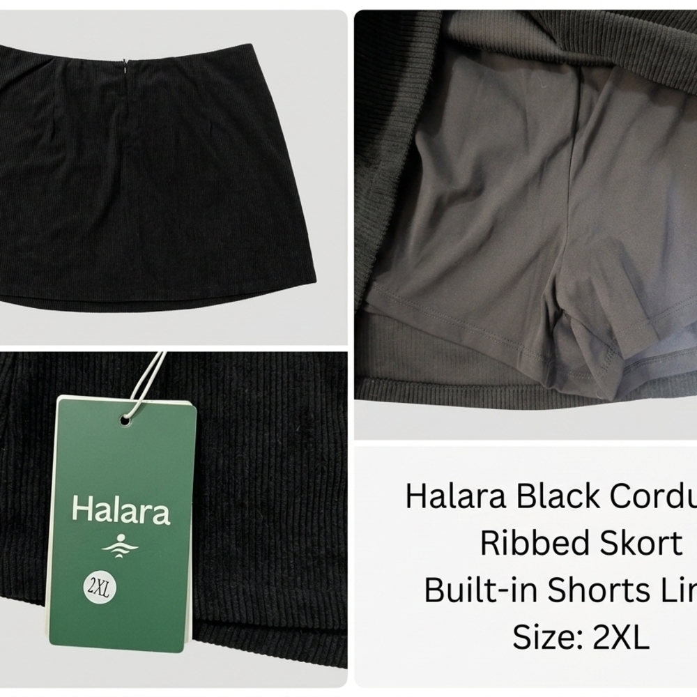 HALARA Black Ribbed Corduroy Skort with Built-In Shorts